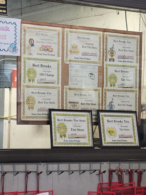 Bert Brooks Tire award certificates